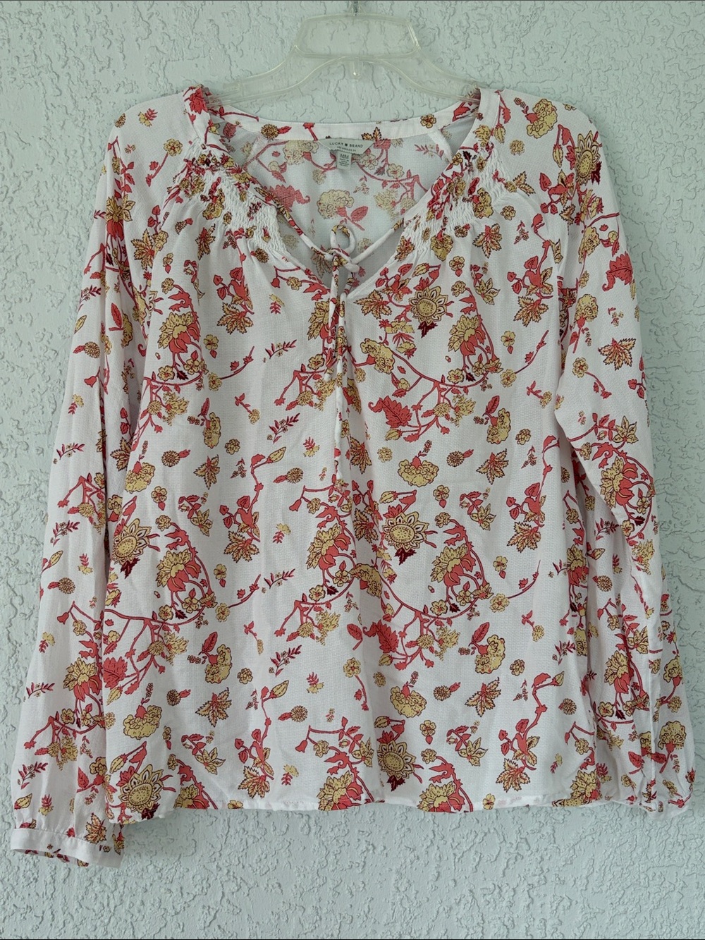 Lucky Brand White Peasant  boho Blouse with Red & Gold Floral Print size M